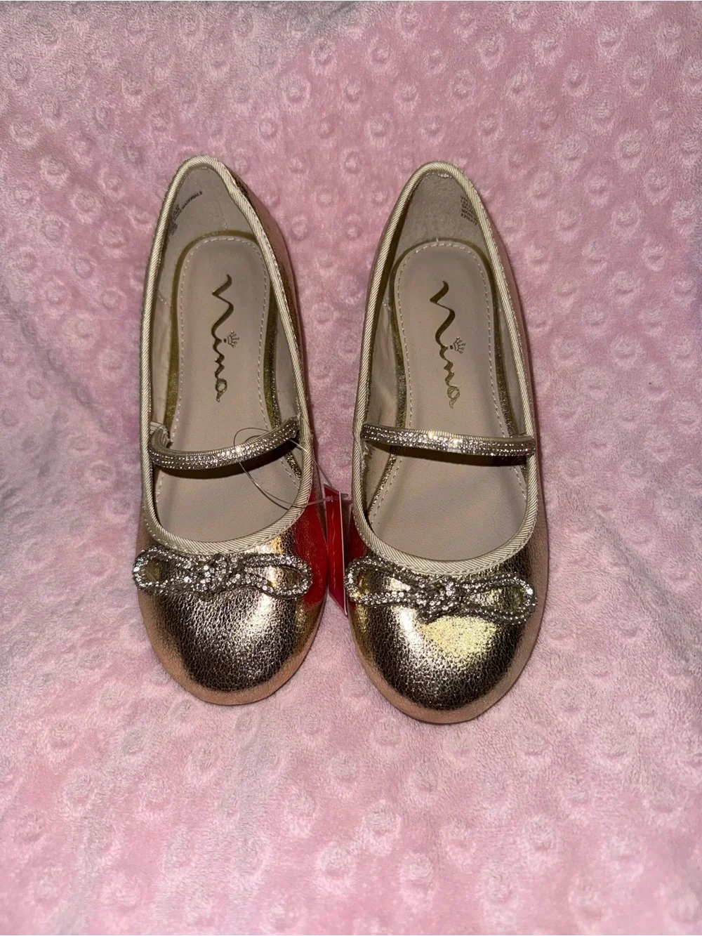 Nina Girls Gold Metallic Mary Jane Flats with Bow Size 2 #New